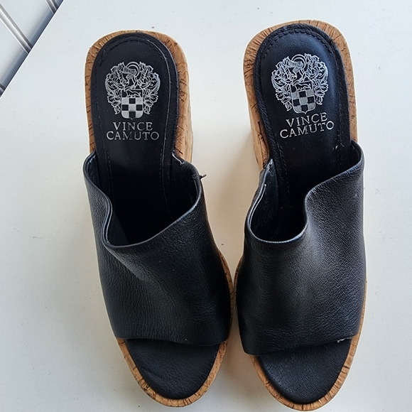 Vince Camuto Chaisen Platform Cork Wedges Black Leather Women's Sandals Sz 7M - Picture 7 of 12
